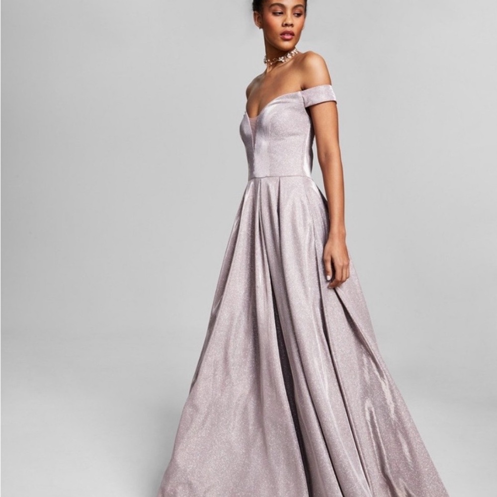 B Darlin Gold Shimmery Full Length Off Shoulder Gown.